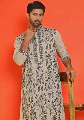 Beige Embroidered Poly Blend Kurta For Men