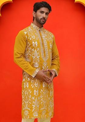 Mustard Yellow Embroidered Poly Blend Kurta For Men