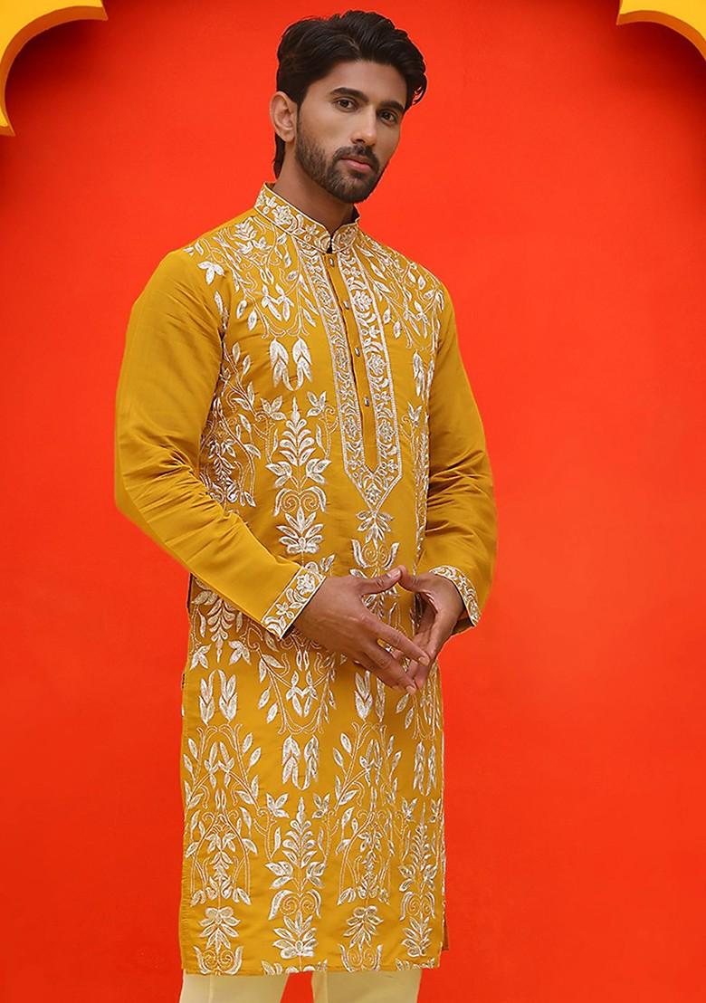 Mustard Yellow Embroidered Poly Blend Kurta For Men
