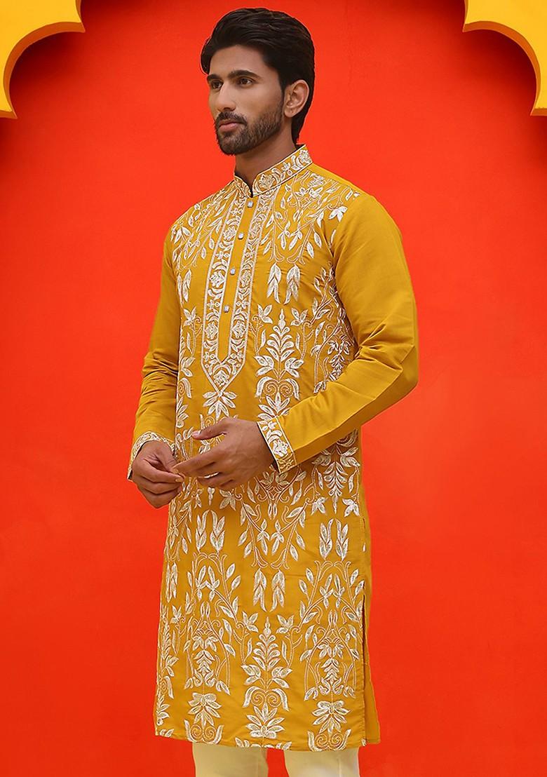 Mustard Yellow Embroidered Poly Blend Kurta For Men