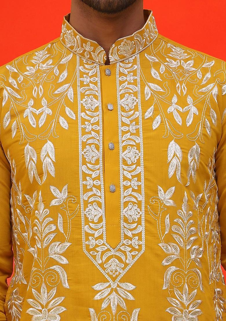 Mustard Yellow Embroidered Poly Blend Kurta For Men
