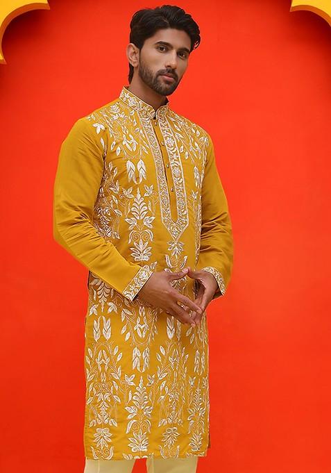 Mustard Yellow Embroidered Poly Blend Kurta For Men