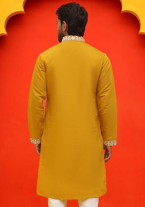 Mustard Yellow Embroidered Poly Blend Kurta For Men