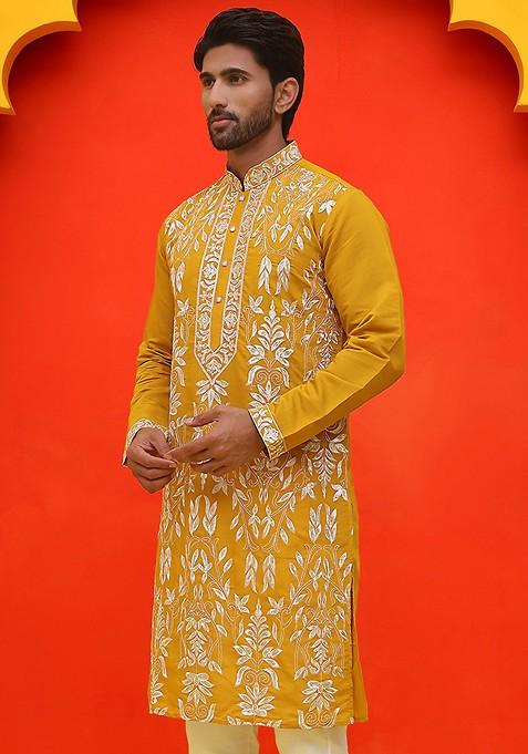 Mustard Yellow Embroidered Poly Blend Kurta For Men