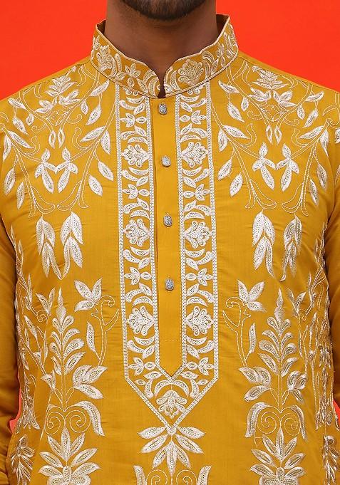 Mustard Yellow Embroidered Poly Blend Kurta For Men