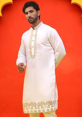 White Embroidered Poly Blend Kurta For Men