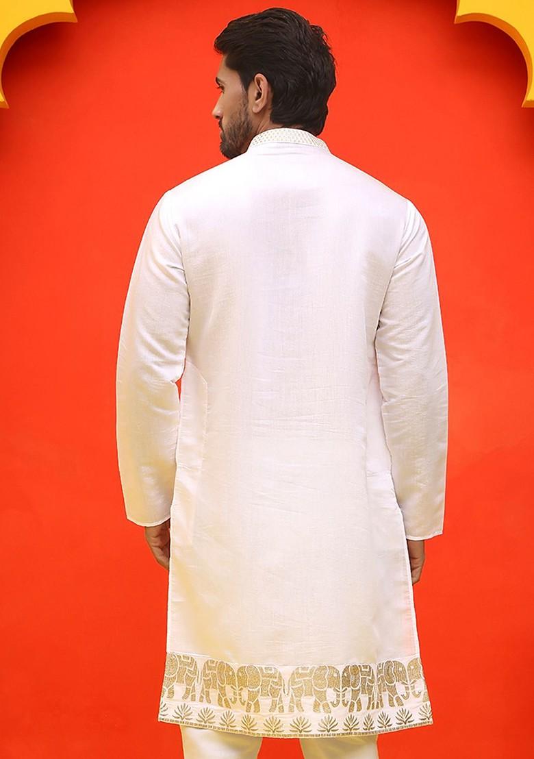 White Embroidered Poly Blend Kurta For Men