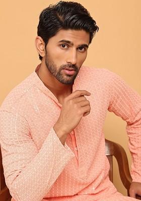 Peach Embroidered Poly Blend Kurta For Men