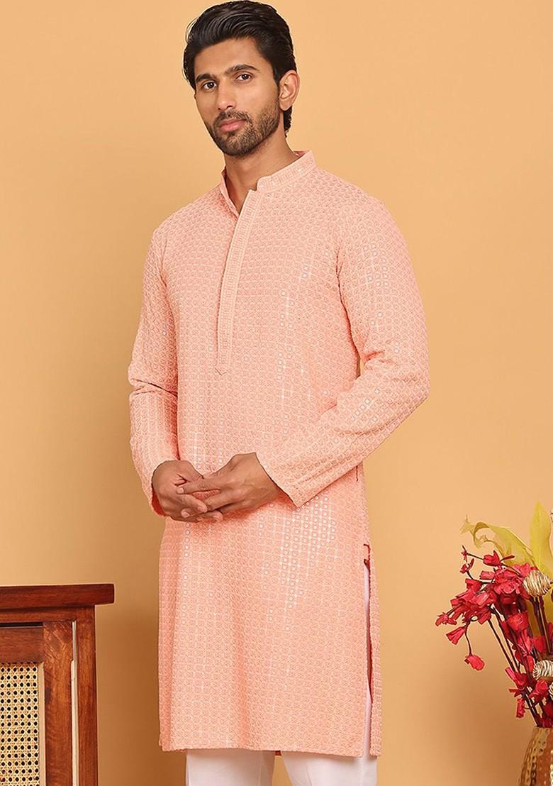 Peach Embroidered Poly Blend Kurta For Men
