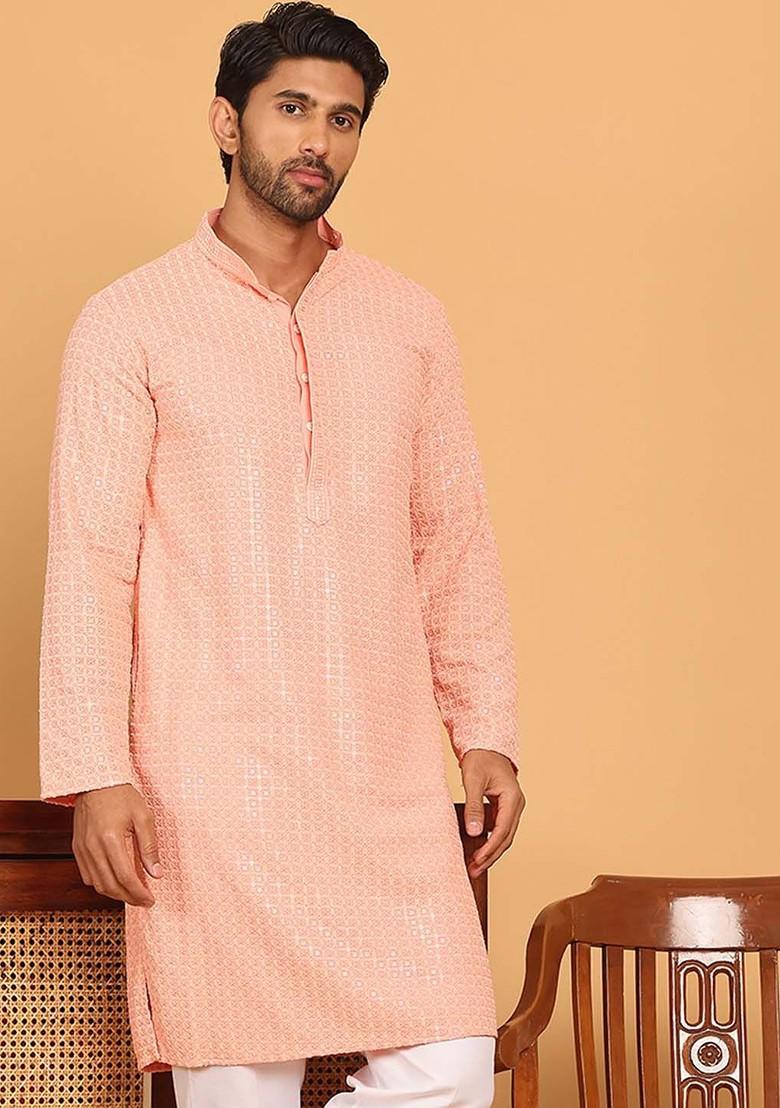 Peach Embroidered Poly Blend Kurta For Men