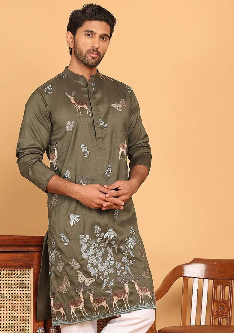 Olive Embroidered Poly Blend Kurta For Men - Indya