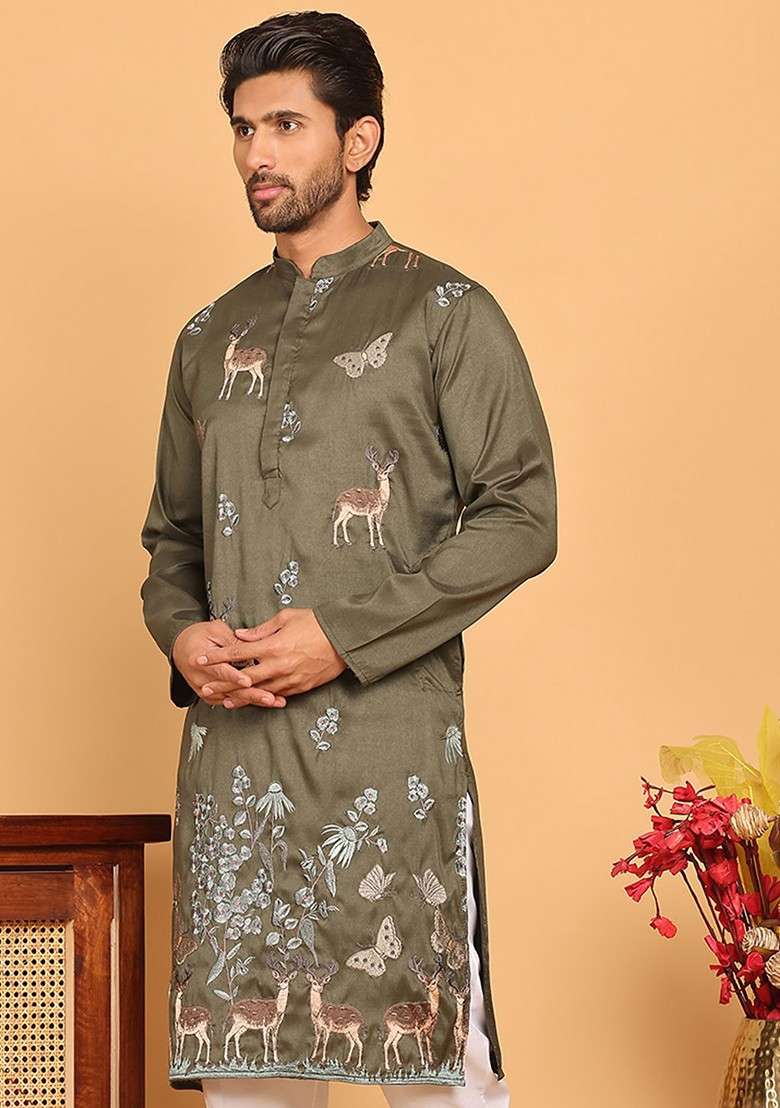 Olive Embroidered Poly Blend Kurta For Men - Indya