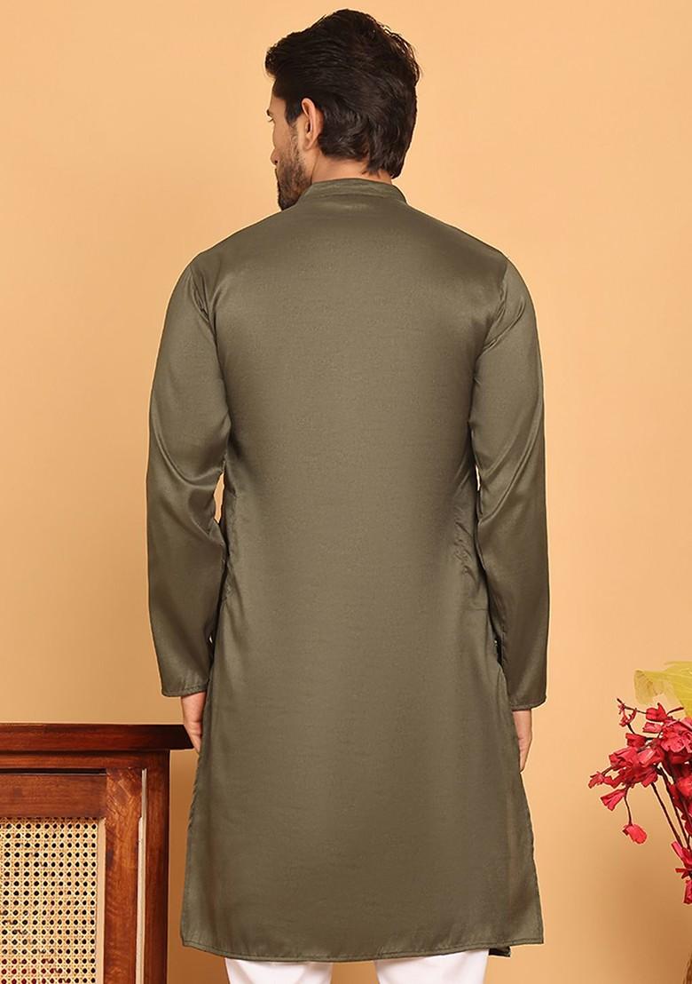 Olive Embroidered Poly Blend Kurta For Men