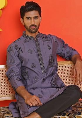 Purple Embroidered Poly Blend Kurta For Men