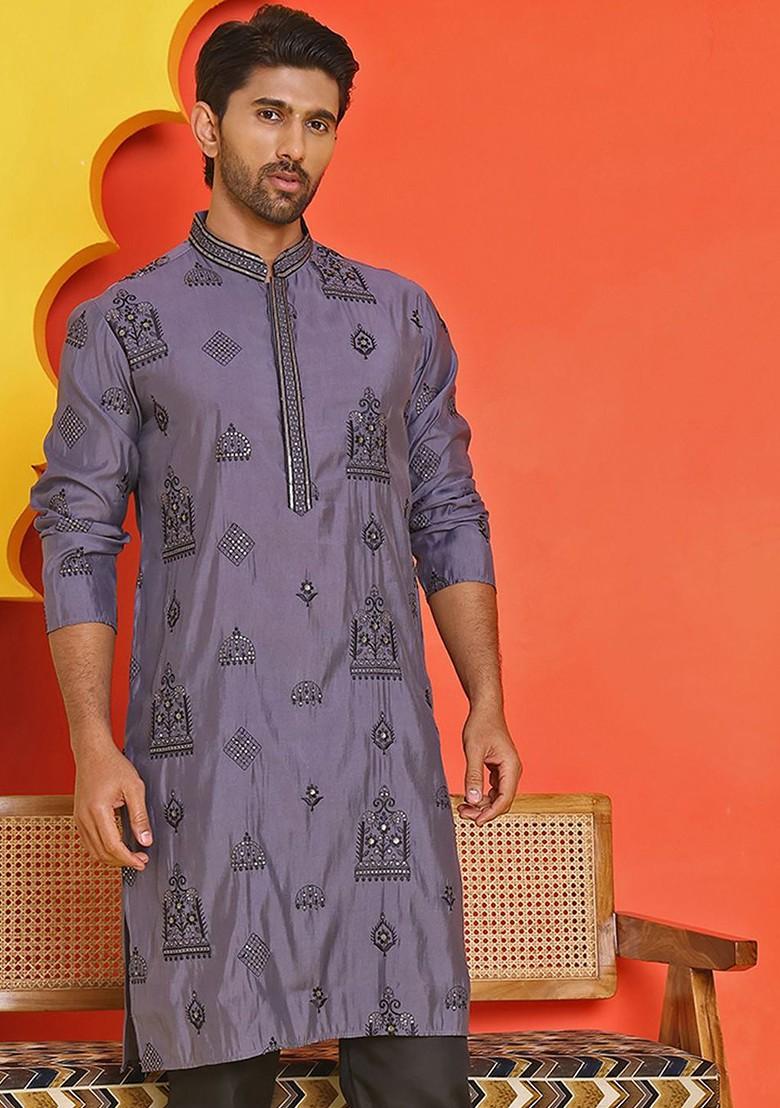 Purple Embroidered Poly Blend Kurta For Men