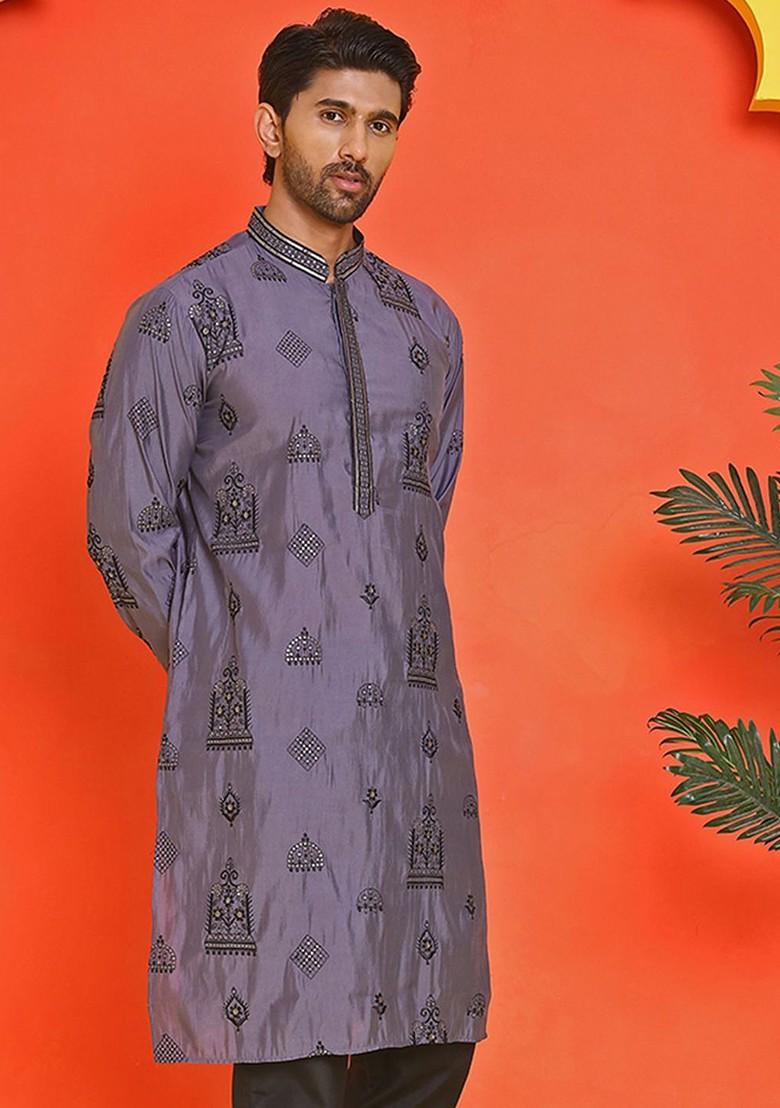 Purple Embroidered Poly Blend Kurta For Men
