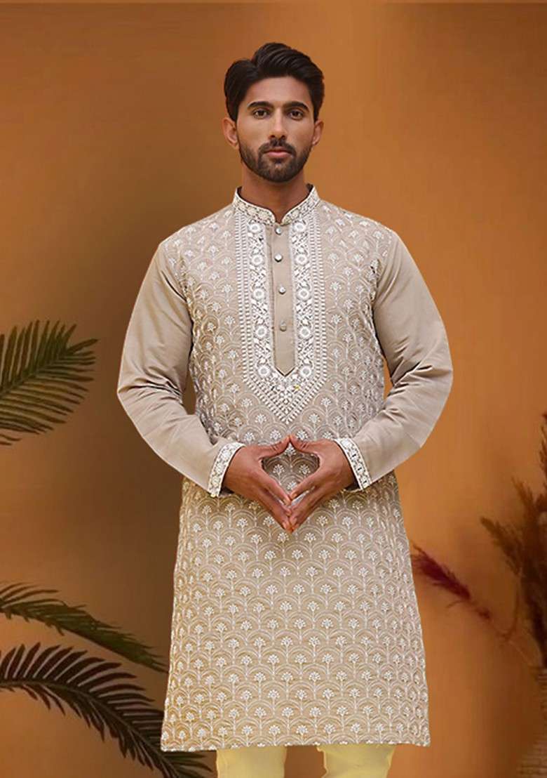 Grey Embroidered Poly Blend Kurta For Men - Indya