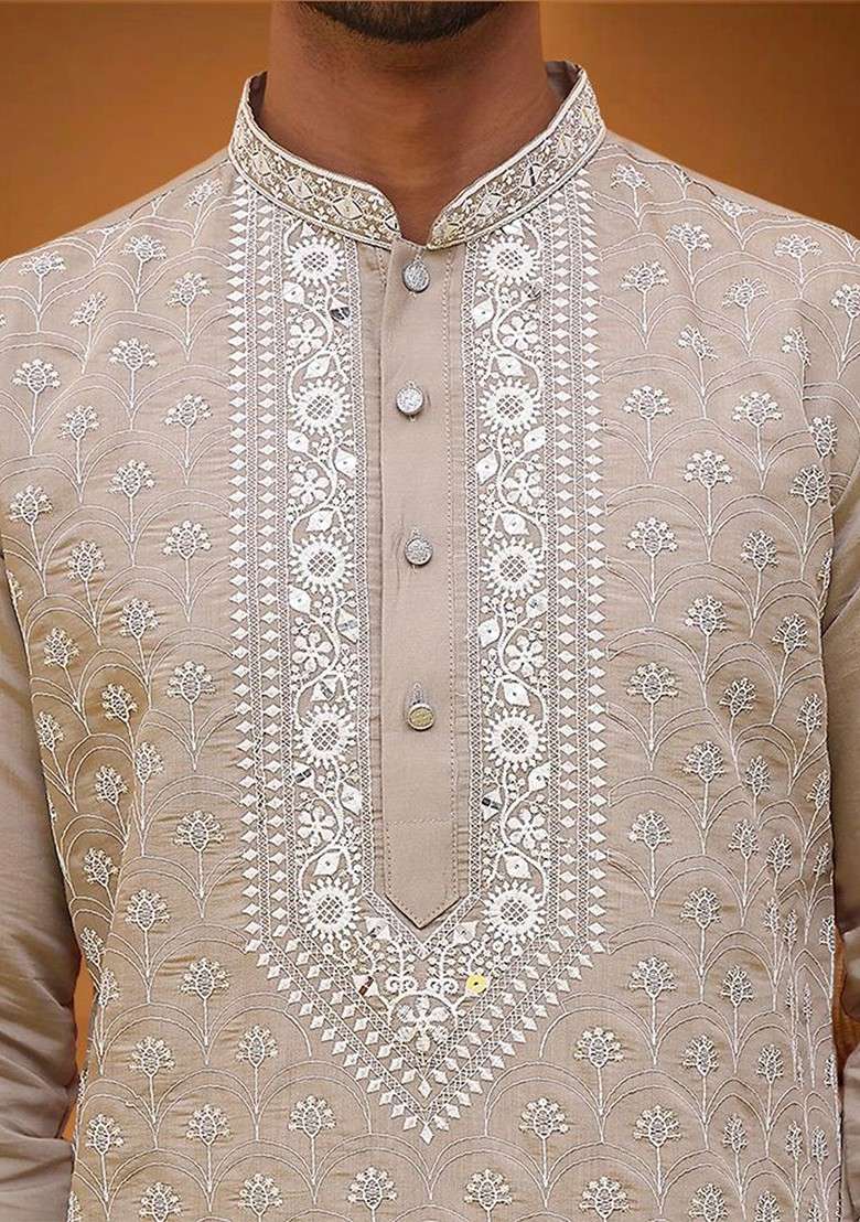 Grey Embroidered Poly Blend Kurta For Men - Indya