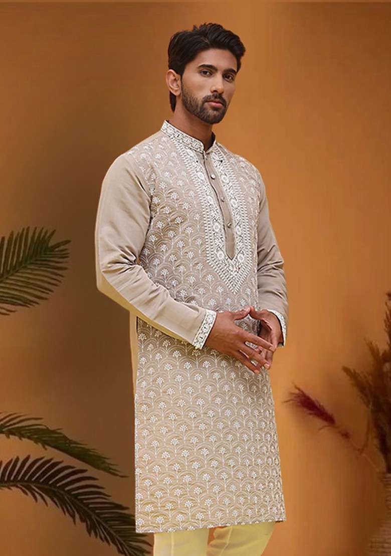 Grey Embroidered Poly Blend Kurta For Men - Indya