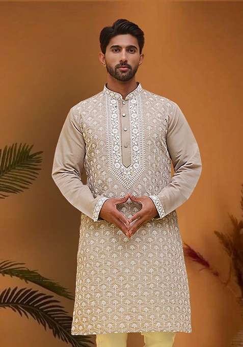 Grey Embroidered Poly Blend Kurta For Men