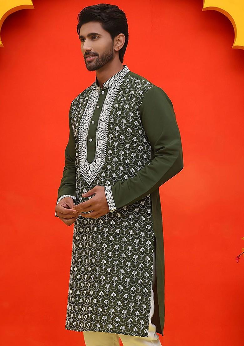 Olive Embroidered Poly Blend Kurta For Men