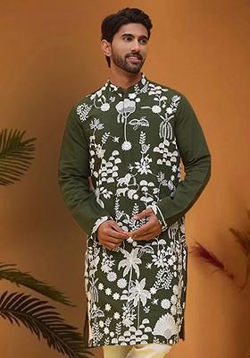 Olive Embroidered Poly Blend Kurta For Men