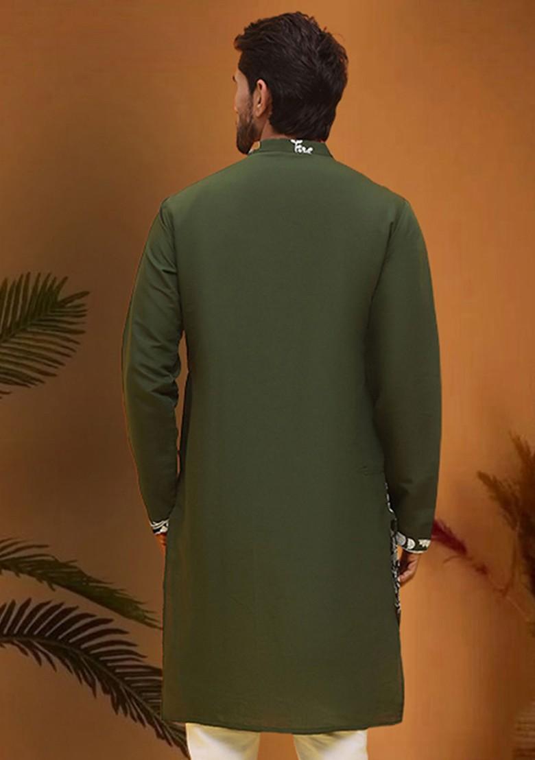 Olive Embroidered Poly Blend Kurta For Men