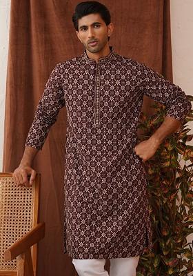 Purple Embroidered Poly Blend Kurta For Men