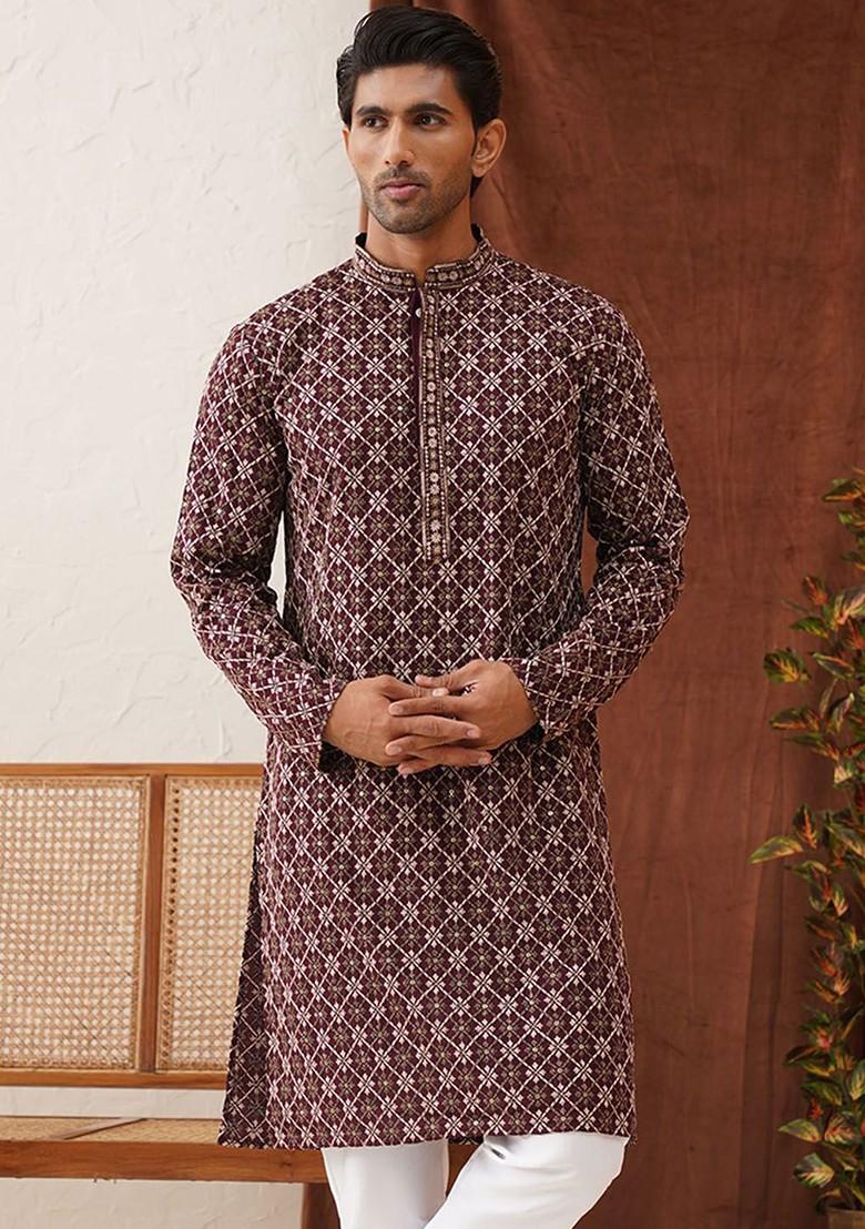 Purple Embroidered Poly Blend Kurta For Men