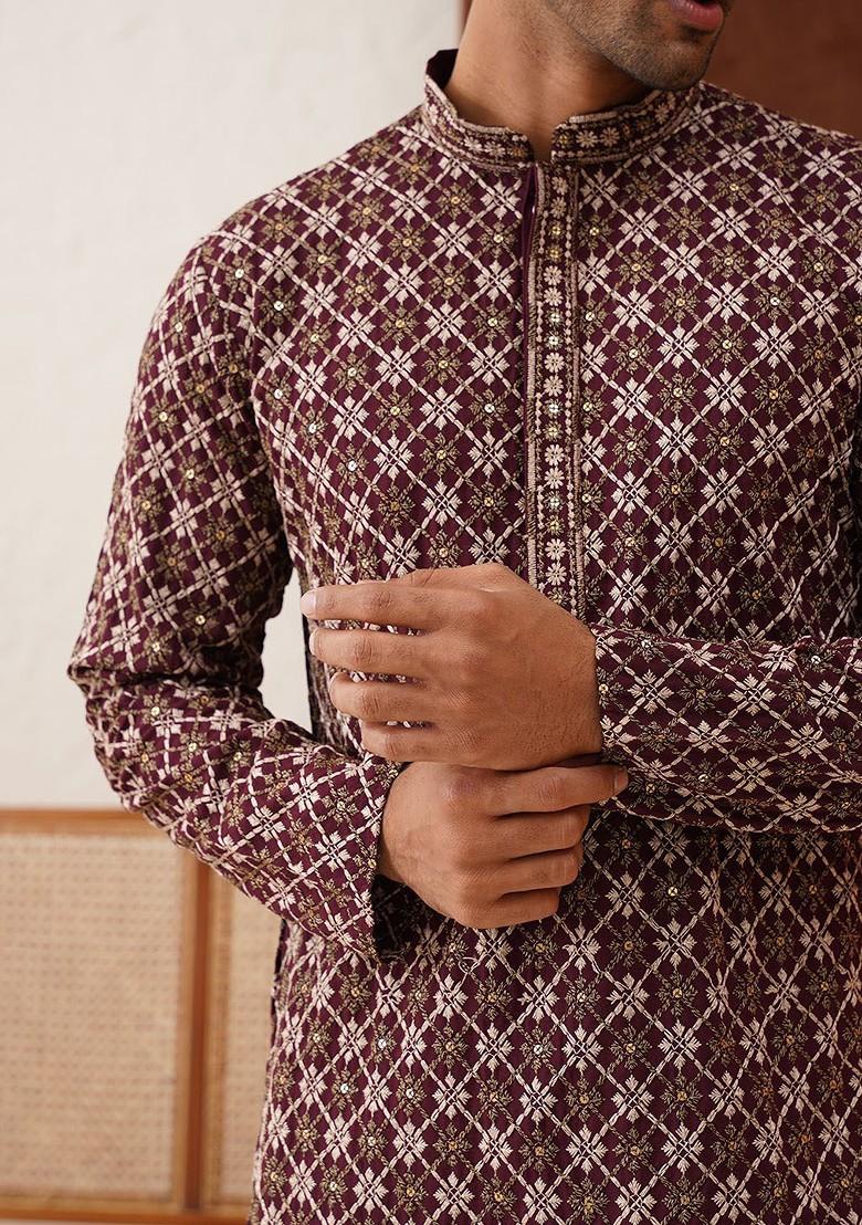 Purple Embroidered Poly Blend Kurta For Men