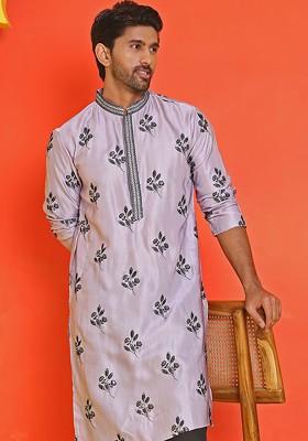 Purple Embroidered Poly Blend Kurta For Men