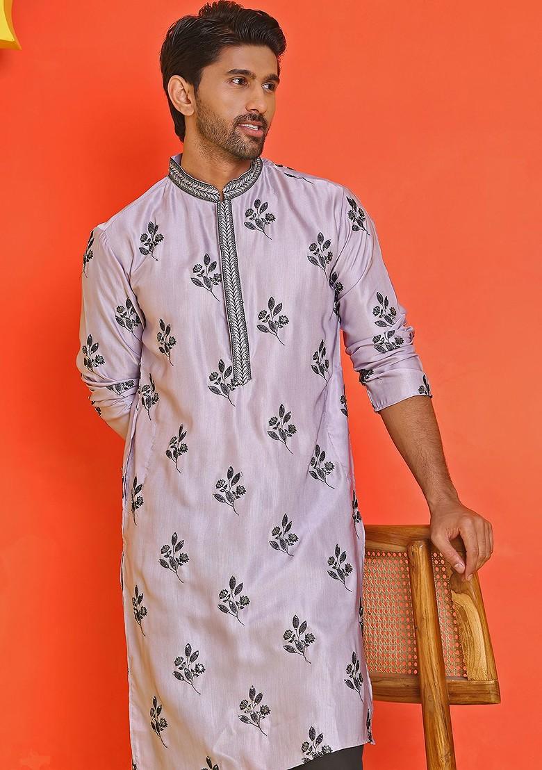Purple Embroidered Poly Blend Kurta For Men