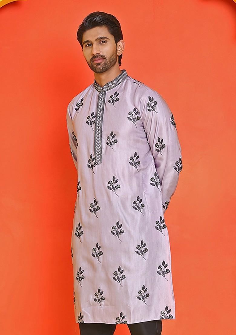 Purple Embroidered Poly Blend Kurta For Men