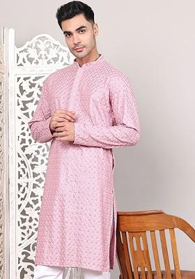 Magenta Embroidered Poly Blend Kurta For Men