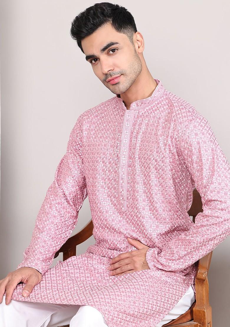 Magenta Embroidered Poly Blend Kurta For Men