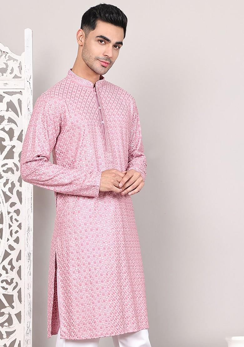 Magenta Embroidered Poly Blend Kurta For Men