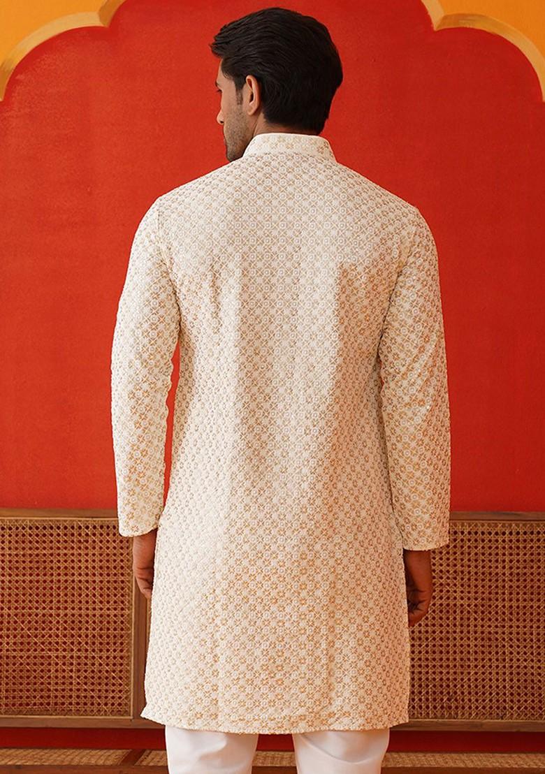 Cream Embroidered Poly Blend Kurta For Men