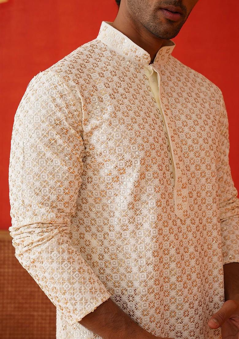 Cream Embroidered Poly Blend Kurta For Men