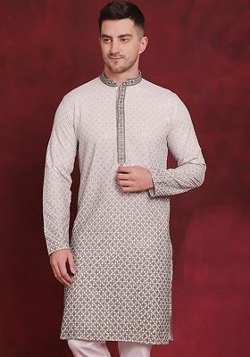 White Embroidered Poly Blend Kurta For Men