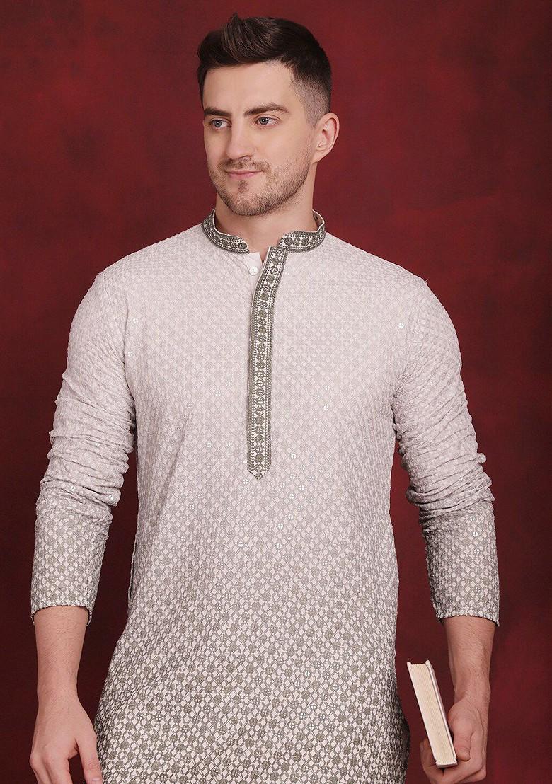 White Embroidered Poly Blend Kurta For Men