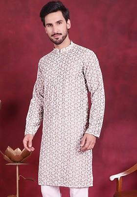 Grey Embroidered Poly Blend Kurta For Men