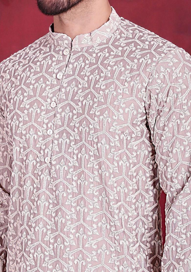 Grey Embroidered Poly Blend Kurta For Men