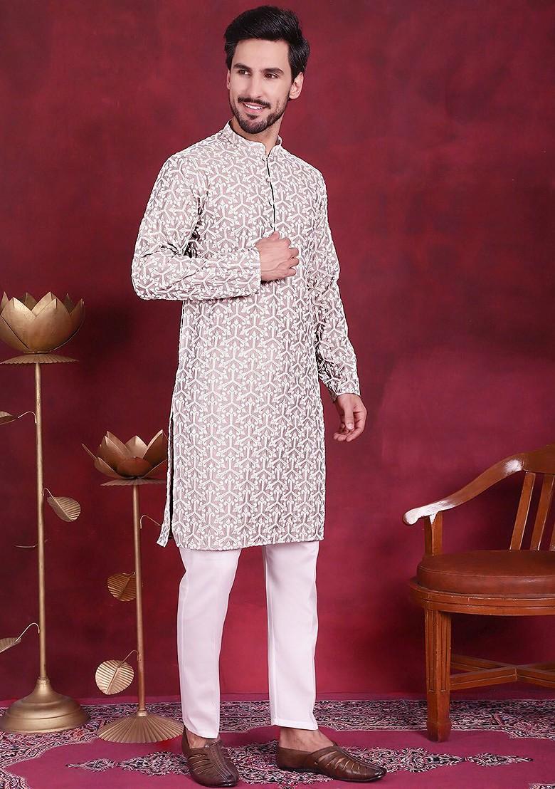 Grey Embroidered Poly Blend Kurta For Men