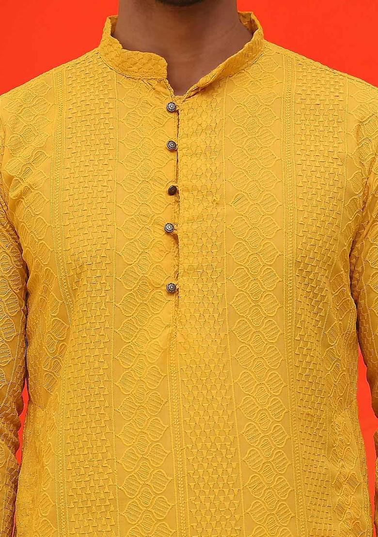 Mustard Yellow Embroidered Poly Blend Kurta For Men