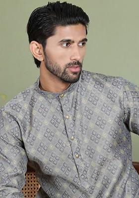 Grey Embroidered Poly Blend Kurta For Men