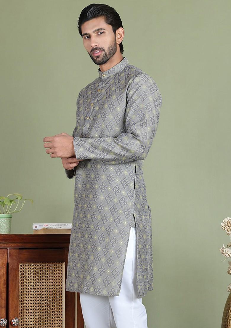 Grey Embroidered Poly Blend Kurta For Men