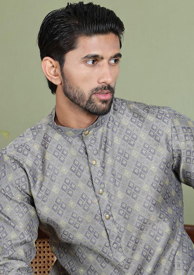 Grey Embroidered Poly Blend Kurta For Men