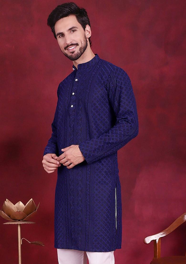 Navy Blue Embroidered Poly Blend Kurta For Men