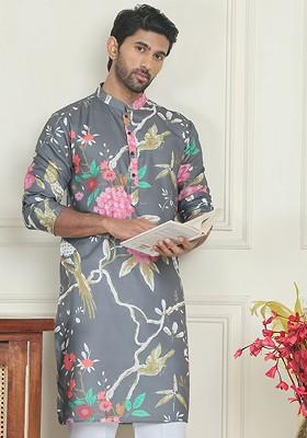Grey Printed Poly Blend Kurta For Men