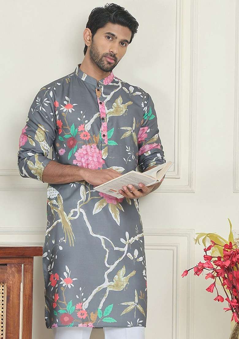 Grey Printed Poly Blend Kurta For Men - Indya